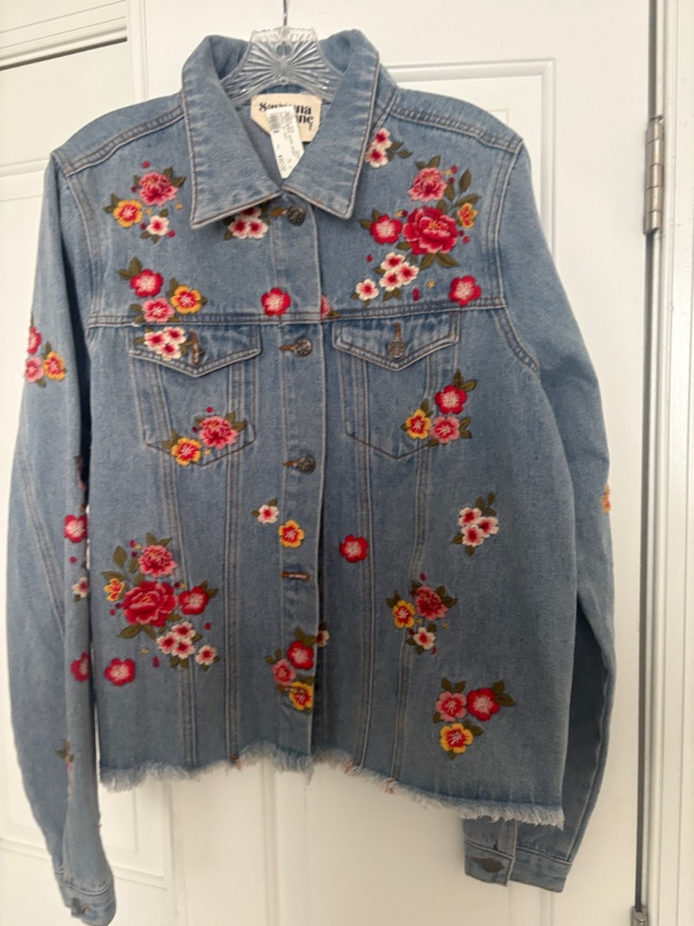 Savanna Jane Light Blue Denim Jacket with Bright Floral Embroidery, Size M-L